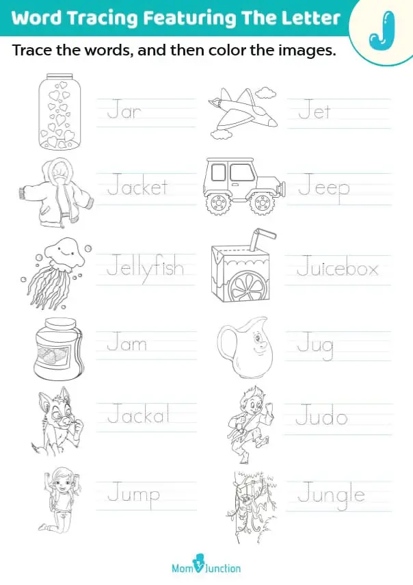 Trace The Words With The Letter J Worksheet