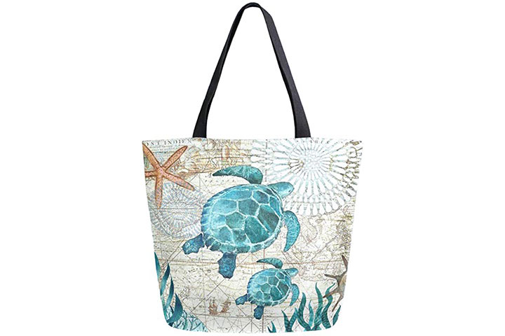 ZzWwR Chic Ocean Sea Turtles Starfish Map Print Beach Bag