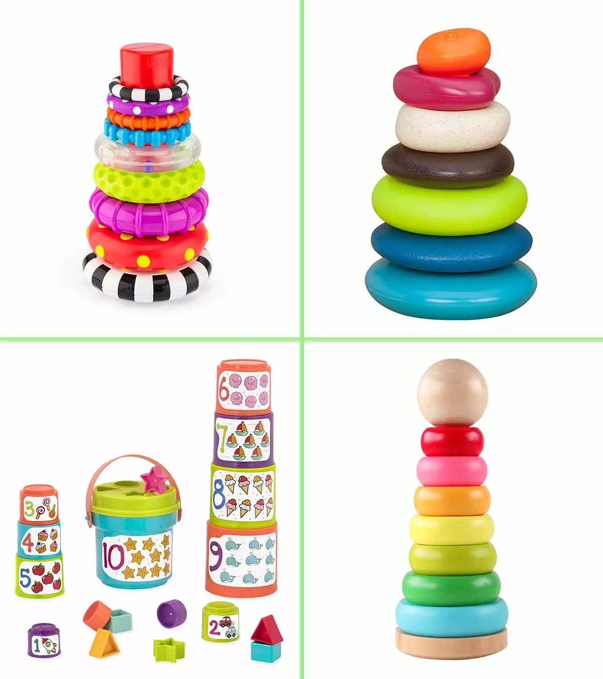 Your child will love stacking these toys, from colorful rings to wooden blocks and cups.