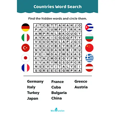 Countries Word Search Puzzle Worksheet For Kids