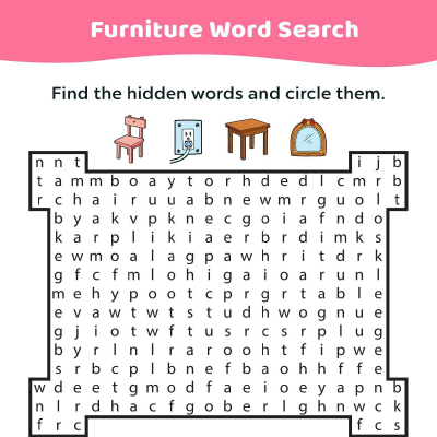 Furniture Word Search Puzzle For Kids