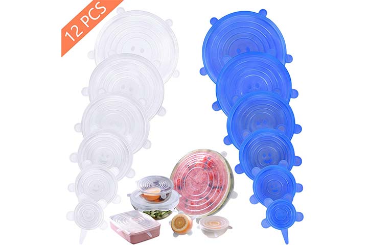 ZEXCEL Silicon Stretch lids-Pack of 12-Eco Friendly Blue and Transparent Silicone Lids-Fits Various Sizes and Shapes of Containers-Dishwasher and Microwave Safe 