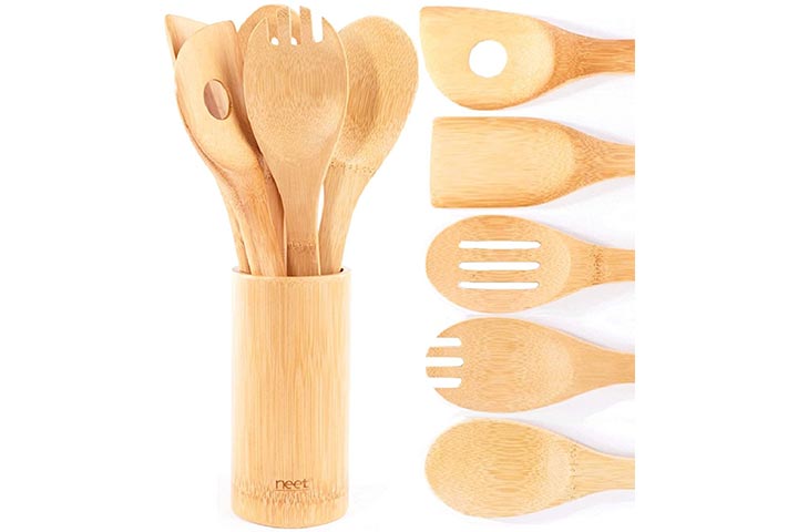 Nonstick Kitchen Utensil Set Wooden Spoons & Spatula,Jilla-hla Organic Bamboo Cooking Utensils Wooden Spoons for Cooking 7Piese Set 