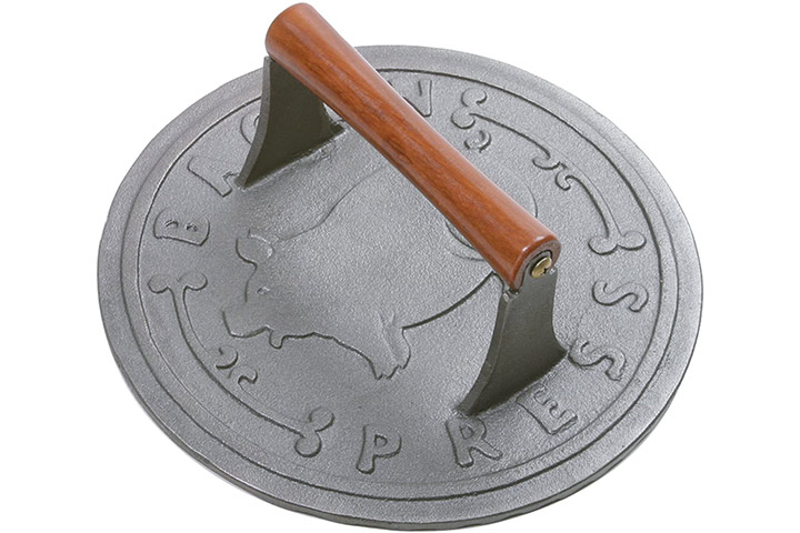 Durable Kitchen Tool with Pig Logo and Wood Handle Chefs Secret 7-Inch Preseasoned Cast Iron Bacon Press 