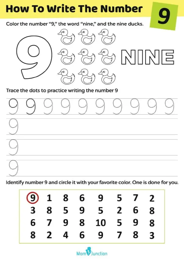 Free Printable Number Nine Worksheet For Preschoolers