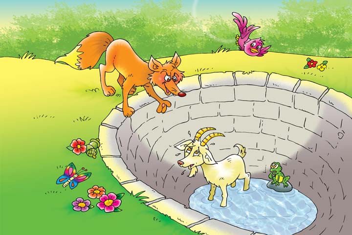 The cunning fox climbs out of the well and runs away
