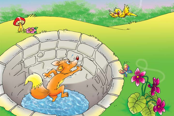 The fox tries to get out of the well but can't