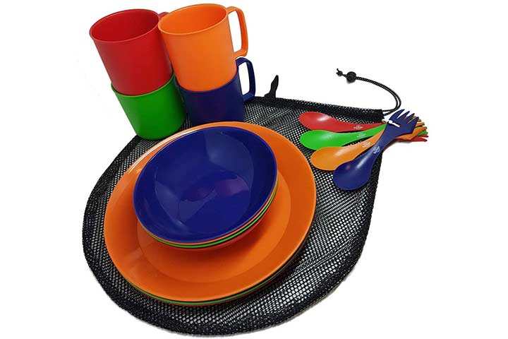 Camping Mess Kit 4 Person Dinnerware Set with Mesh Bag