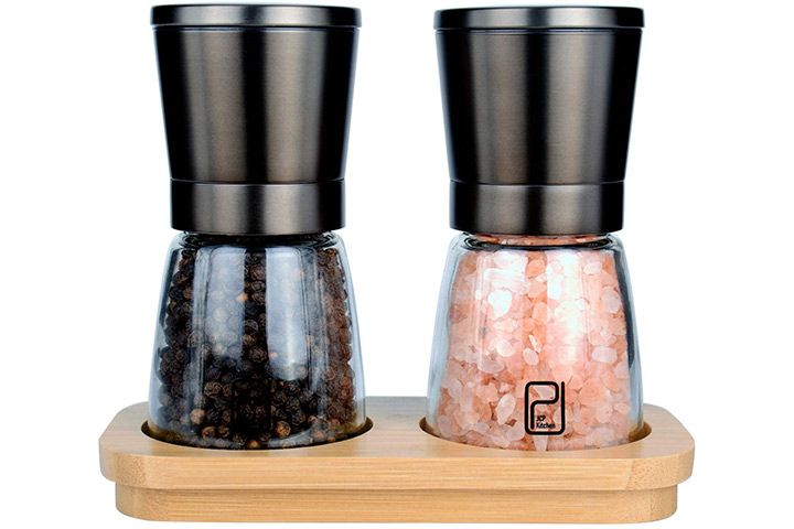 Salt and Pepper Grinder Set Adjustable Coarseness Refillable with Stand Stainless Steel Salt and Pepper Mills with Stand 