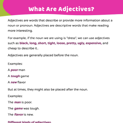 Types Of Adjectives Worksheet For Kids