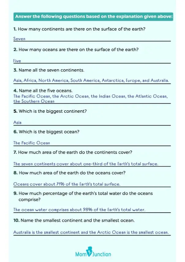 Free Continents And Oceans Worksheet For First Grade