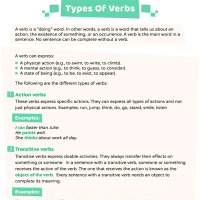 Verb Tense Worksheets: Types of Verbs