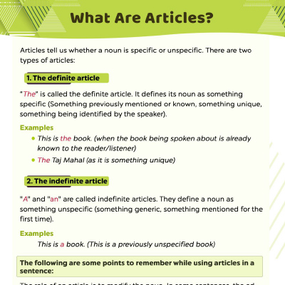 Definite And Indefinite Articles Worksheet For Kids