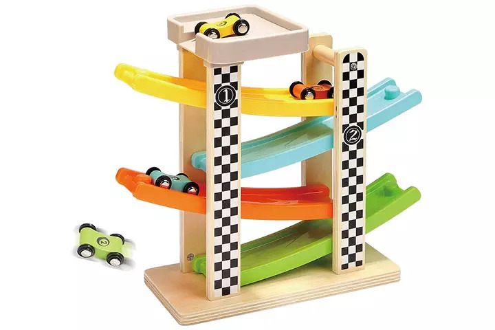 Top Bright Wooden Race Track Car Ramp Racer With 4 Mini Cars