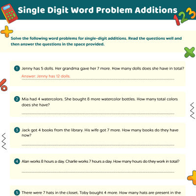 Addition Worksheets: Single Digit Word Problems