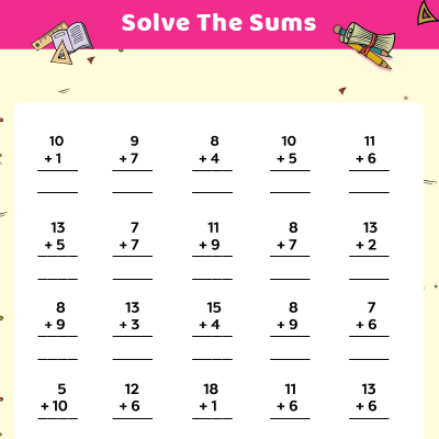 Addition Worksheets: Add The Numbers (Sum Under 20)