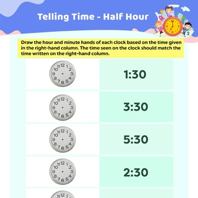 Telling Time Worksheets: Drawing Half Hour