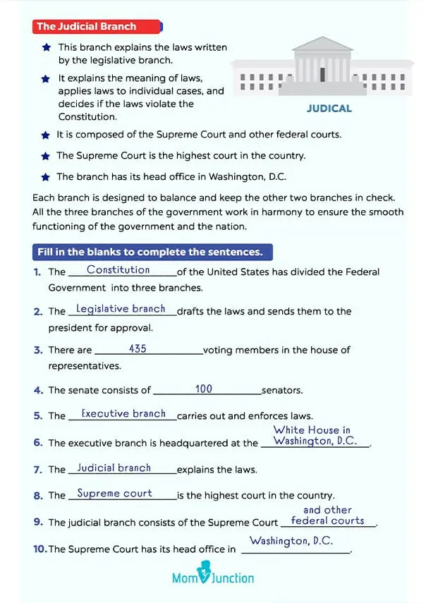 Branches Of The US Government Free Worksheet For Second Grade