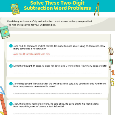 Subtraction Worksheets: Two Digit Word Problems