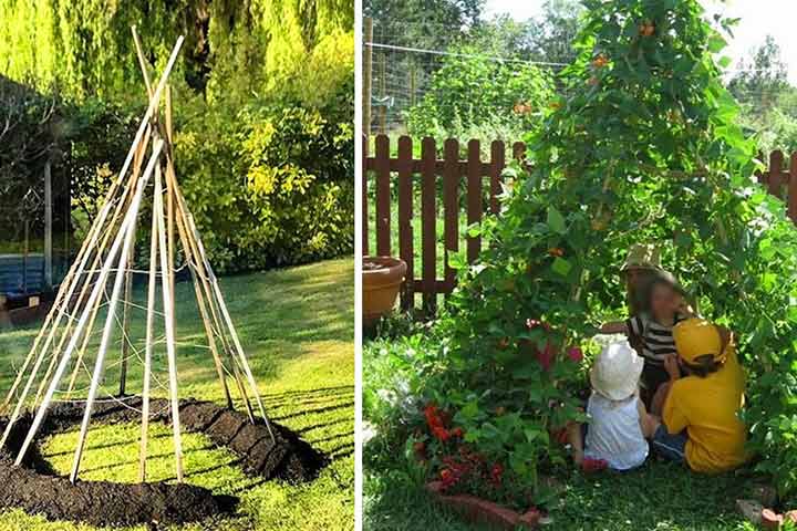 Bean pole teepee spring activities for kids
