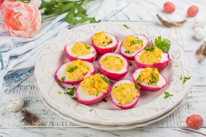 Dyed deviled eggs gender reveal party food Idea