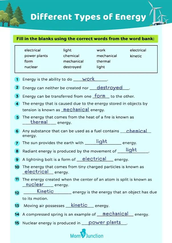 forms of energy worksheet