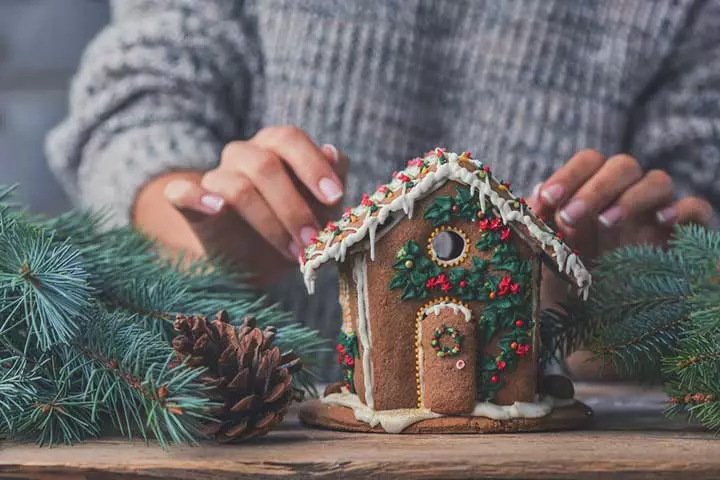 Gingerbread House With Green And Red Decorations