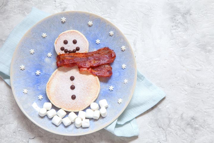 Snowman Pancakes With Bacon Scarves