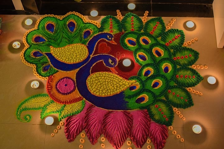 Large peacocok rangoli design for kids