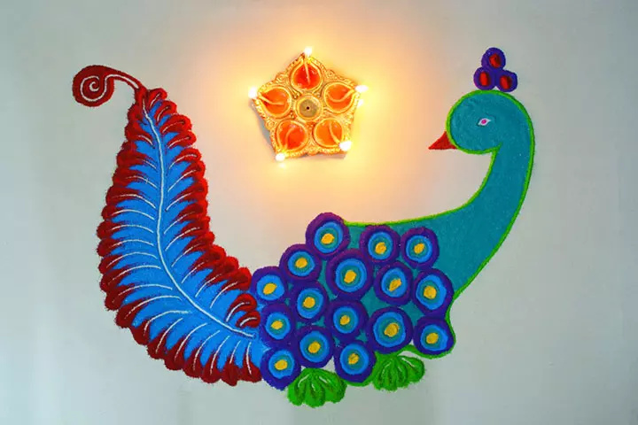 Peacock rangoli design for kids