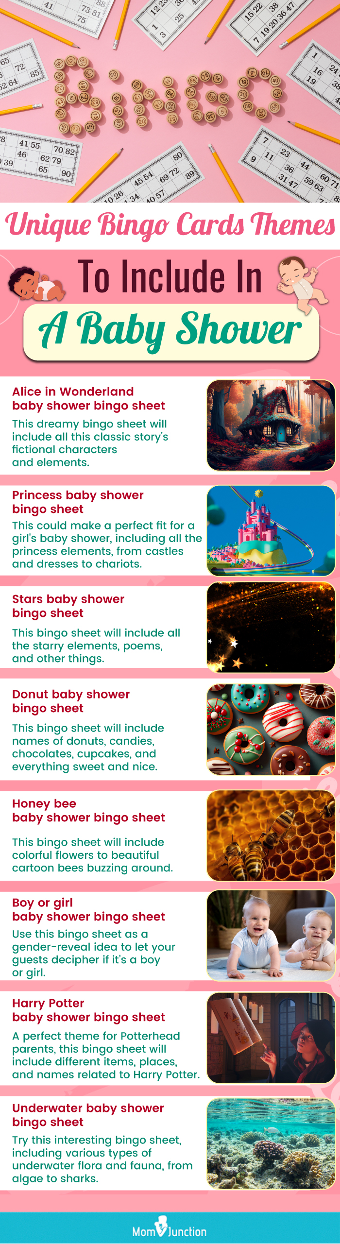 unique bingo cards themes to include in a baby shower (infographic)
