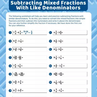 subtract mixed fractions having like denominator