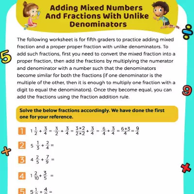 Fractions Worksheets Add Mixed Fractions And Numbers With Unlike Denominators