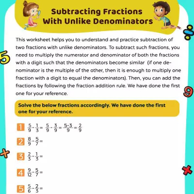 Fractions Worksheets Subtracting Fractions With Unlike Denominators