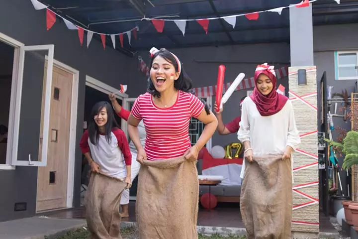 Indoor sack race obstacle course for kids