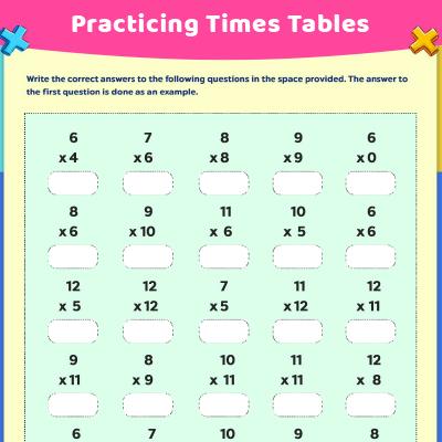 Multiplication Worksheet: Learn The Time Tables: 6 to 12