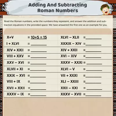 Roman Number Worksheet Adding & Subtracting The Numbers