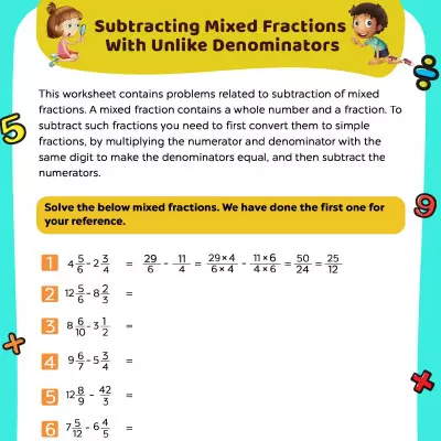 Subtract Mixed Fractions With Unlike Denominators