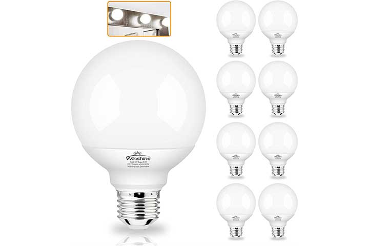 Save energy while enjoying bright light in your bathroom, living room, dressing room, or makeup room. This light bulb by Winshine operates at only five watts. It comes with an E26 base and illuminates crisp white light–the color looks close to noon light. It is made of aluminum and flame-retardant plastic and is easy to install. Pros ●Set of eight LED bulbs ●Lightweight design ●Flicker- and glare-free ●Long life span–up to 30,000 hours ●Fits easily into a standard light socket Cons ●May be brighter than expected ●Some may produce noise for a couple of seconds 