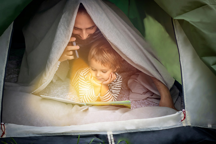 Book reading, toddler camping activity