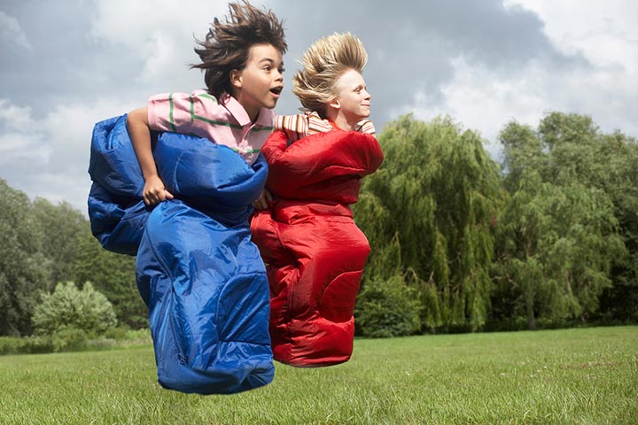 Sleeping bag race, toddler camping activity