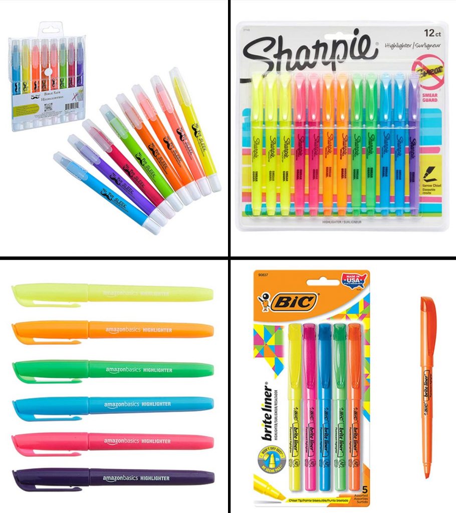 4 Highlighter Pens Different Colours Assorted Yellow Green Pink Orange Ink Stamp 
