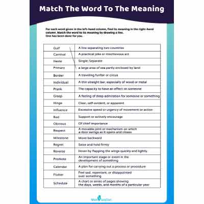 Match The Words To Its Meaning And Add It Your Vocabulary List