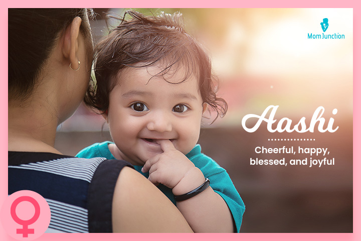 Aashi is a short Indian baby girl name meaning cheerful