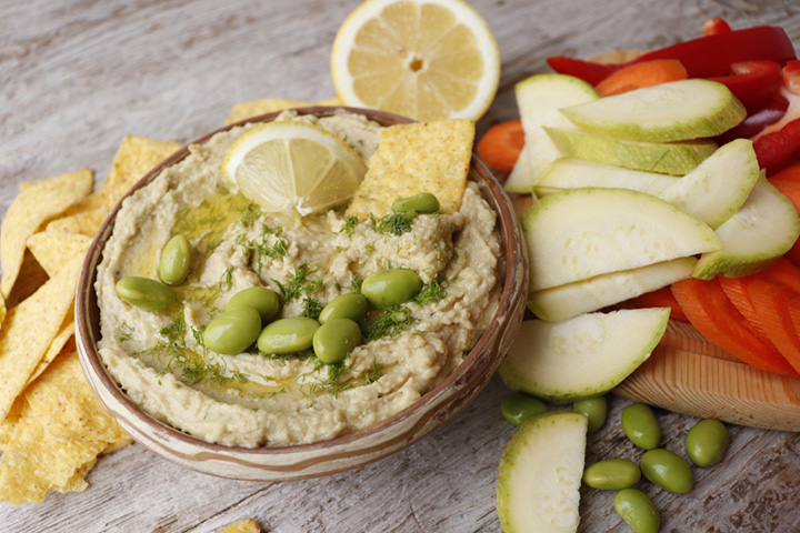 Edamame hummus with tortilla chips kids-friendly appetizers