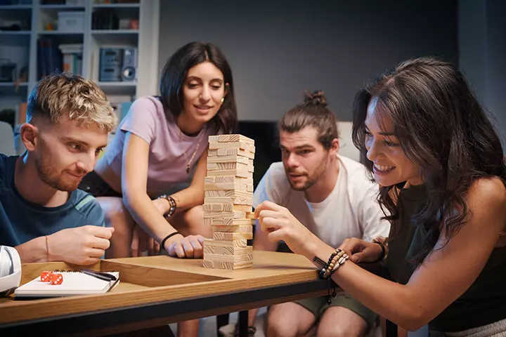 Friends playing Jenga