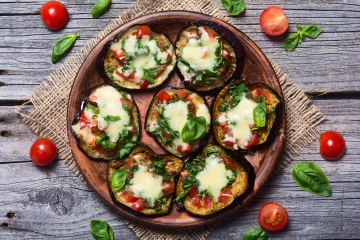 Mini eggplant, tomato and basil pizza vegetable snacks for kids