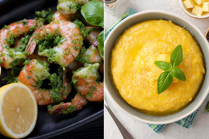 Chimichurri shrimp served with creamy parmesan polenta, birthday dinner ideas