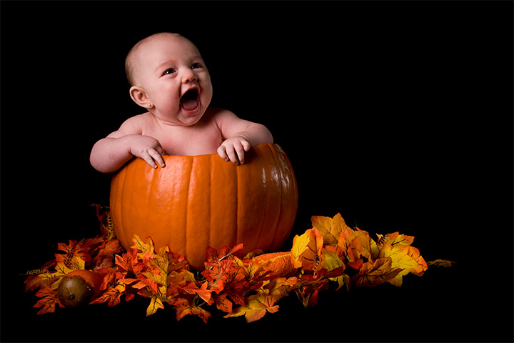 Add autumn leaves baby in a pumpkin pictures