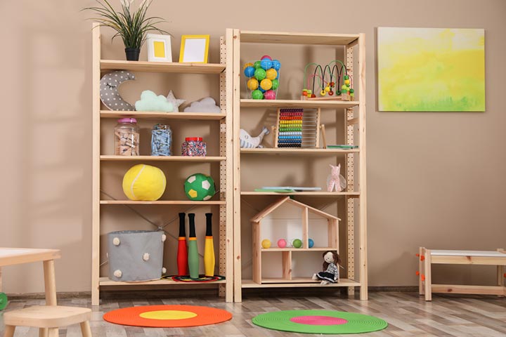 Vertical shelves for kids room storage ideas